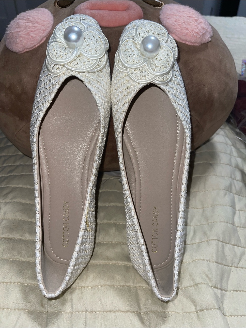 Cotton Candy Cream Woven Pearl Flower Ballet Flats
